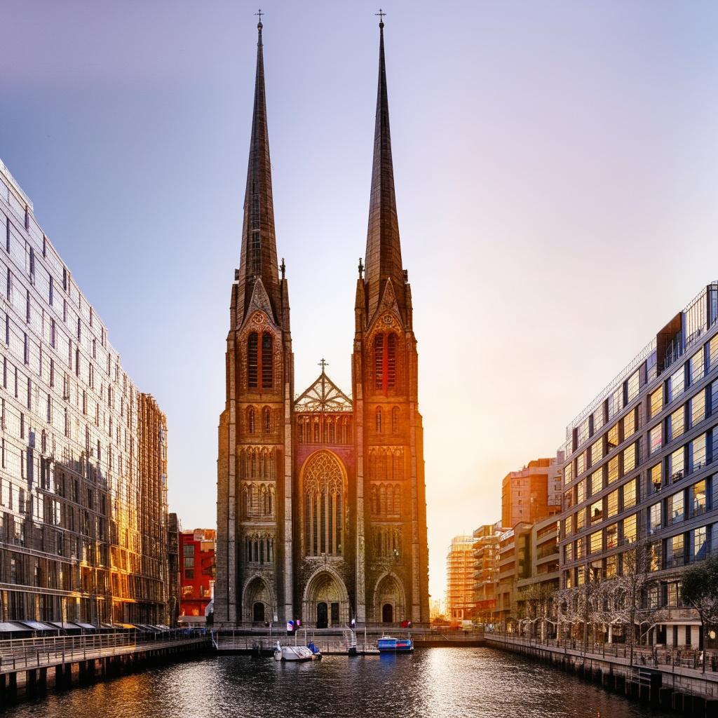 A striking architectural church set in a city landscape by the waterfront with towering steeples and beautiful stained glass windows reflecting the glimmering sunlight.