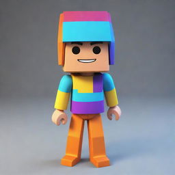 A 3D model of a Roblox avatar, featuring a stylised blocky design in vibrant colors. The skin should be customizable, wearing a unique outfit with interesting accessories.