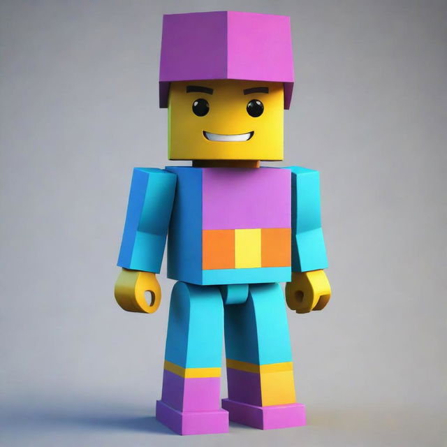 A 3D model of a Roblox avatar, featuring a stylised blocky design in vibrant colors. The skin should be customizable, wearing a unique outfit with interesting accessories.