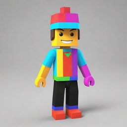 A 3D model of a Roblox avatar, featuring a stylised blocky design in vibrant colors. The skin should be customizable, wearing a unique outfit with interesting accessories.