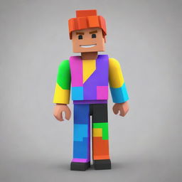 A 3D model of a Roblox avatar, featuring a stylised blocky design in vibrant colors. The skin should be customizable, wearing a unique outfit with interesting accessories.