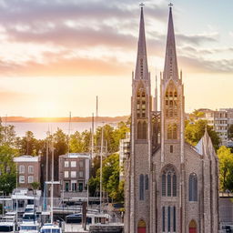 A striking architectural church set in a city landscape by the waterfront with towering steeples and beautiful stained glass windows reflecting the glimmering sunlight.