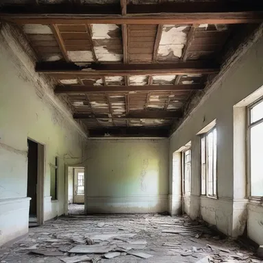 The dilapidated building had a slouch appearance, with its sagging roof and crooked walls.