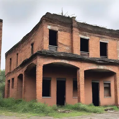 The dilapidated building had a slouch appearance, with its sagging roof and crooked walls.