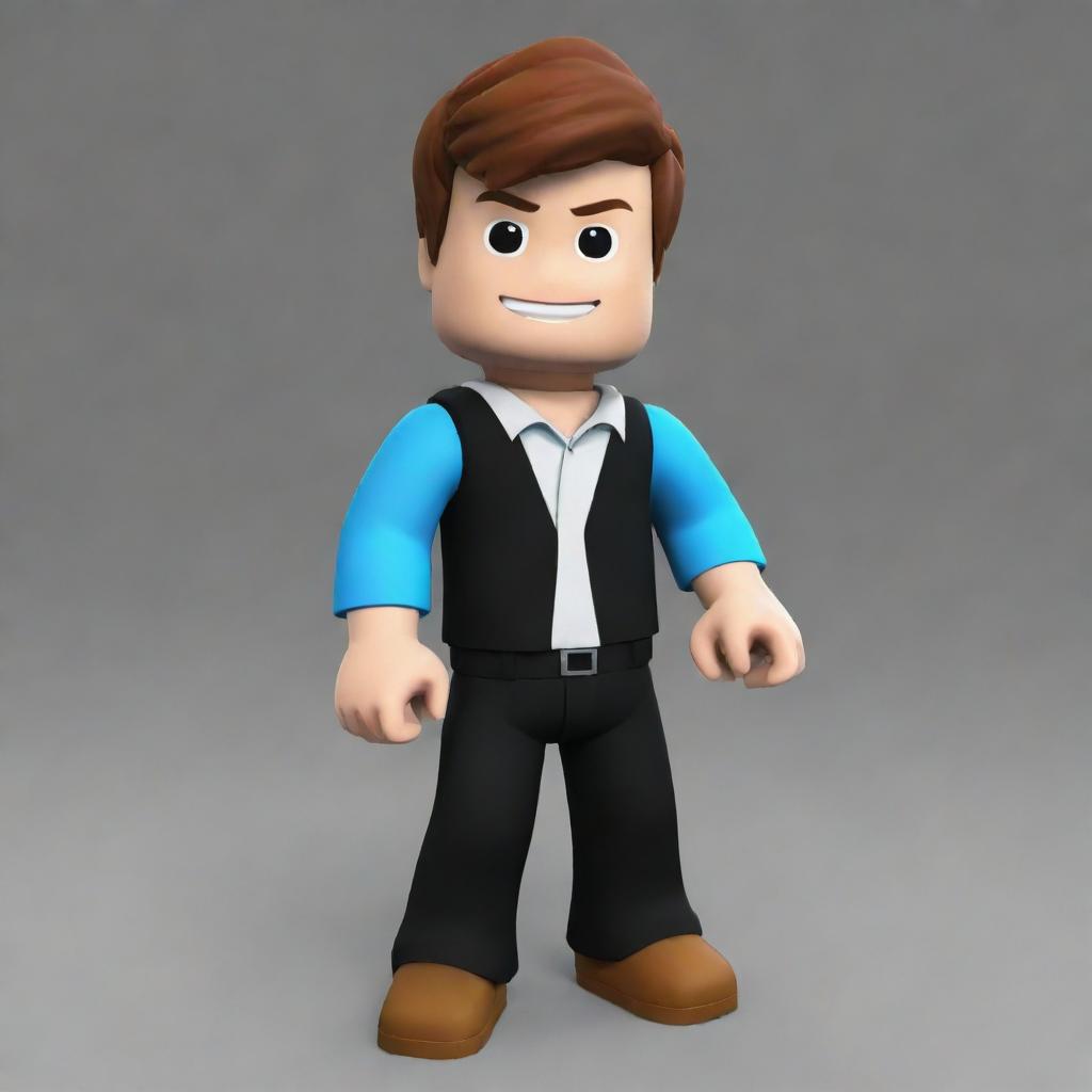 Modify the 3D model of a Roblox avatar to depict it actively playing. It should be interacting with a video game controller and display an expression of concentration and enthusiasm.