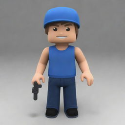 Modify the 3D model of a Roblox avatar to depict it actively playing. It should be interacting with a video game controller and display an expression of concentration and enthusiasm.