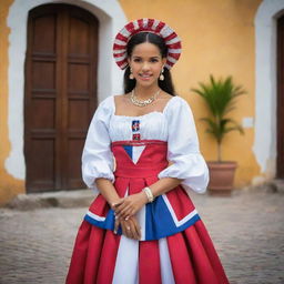 Generate an image of a Dominican individual, showcasing the rich diversity and culture of the Dominican Republic. The subject should be dressed in traditional clothing, with the backdrop reflecting the country's vibrant natural beauty.