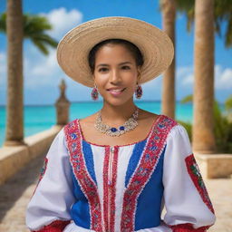 Generate an image of a Dominican individual, showcasing the rich diversity and culture of the Dominican Republic. The subject should be dressed in traditional clothing, with the backdrop reflecting the country's vibrant natural beauty.