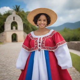 Generate an image of a Dominican individual, showcasing the rich diversity and culture of the Dominican Republic. The subject should be dressed in traditional clothing, with the backdrop reflecting the country's vibrant natural beauty.