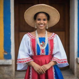 Generate an image of a Dominican individual, showcasing the rich diversity and culture of the Dominican Republic. The subject should be dressed in traditional clothing, with the backdrop reflecting the country's vibrant natural beauty.