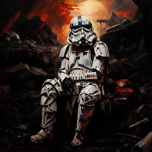 Traditional oil painting of a helmetless Star Wars stormtrooper seated on a battlefield after an intense fight.