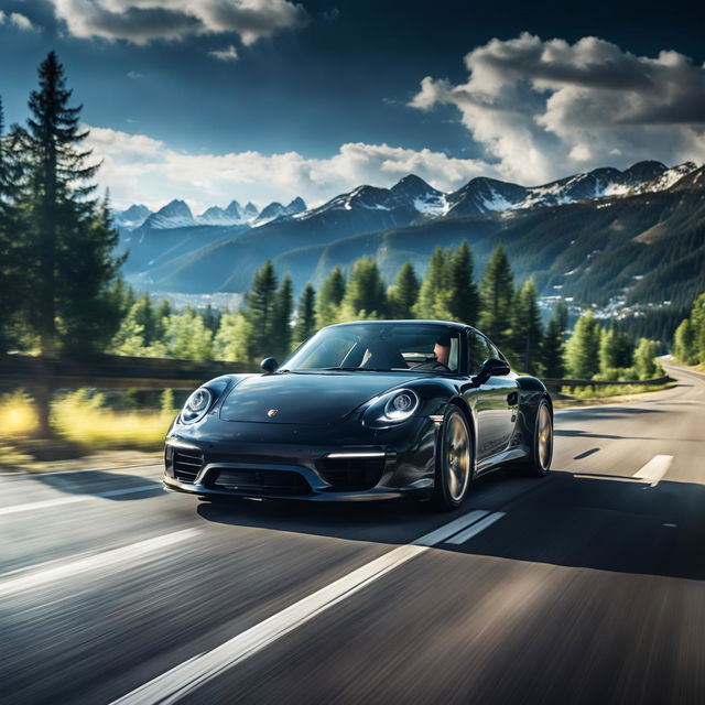 A glossy black Porsche 911 speeding down a tree-lined highway under a blue sky with distant mountains.