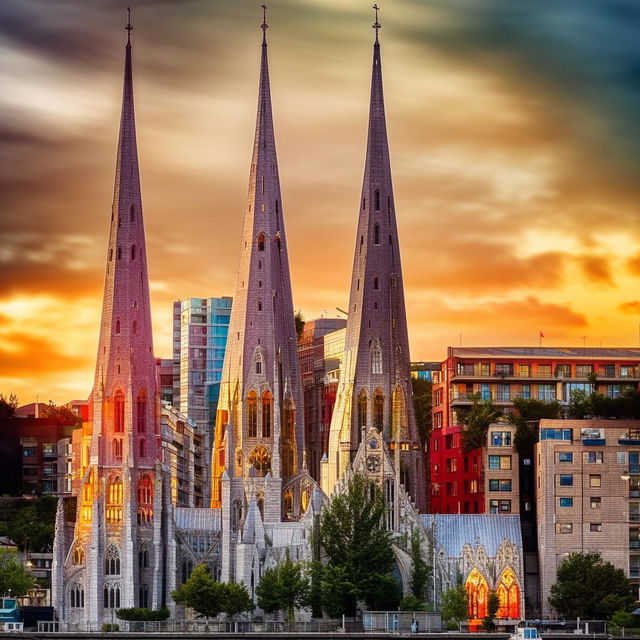 A striking architectural church set in a city landscape by the waterfront with towering steeples and beautiful stained glass windows reflecting the glimmering sunlight.