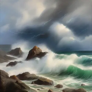 The artist created a magnificent painting of a blusterous storm, with fierce wind blowing the trees and crashing waves against the rocks.