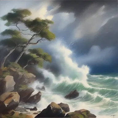 The artist created a magnificent painting of a blusterous storm, with fierce wind blowing the trees and crashing waves against the rocks.