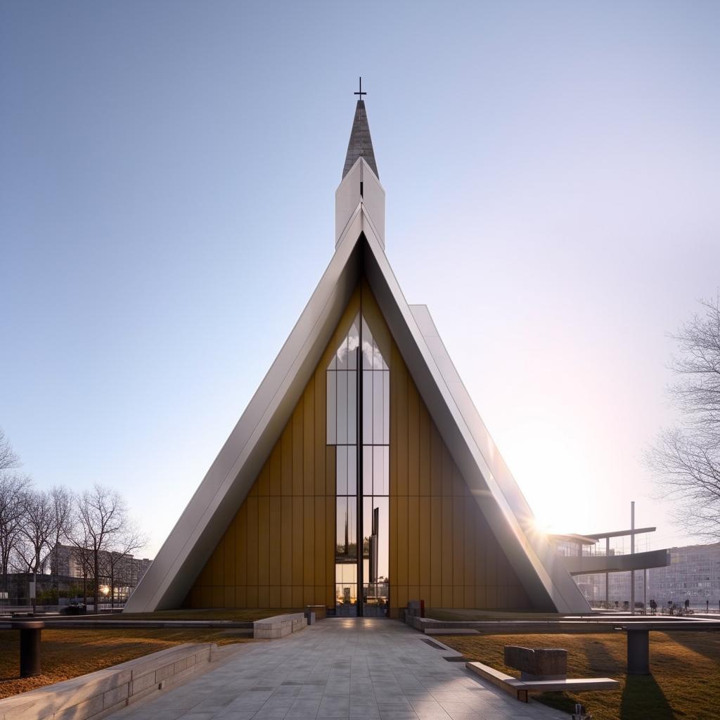 A modern architectural church in a city by the waterfront, characterized by sleek lines, minimalistic design, and large, floor-to-ceiling glass windows reflecting the sunlight.