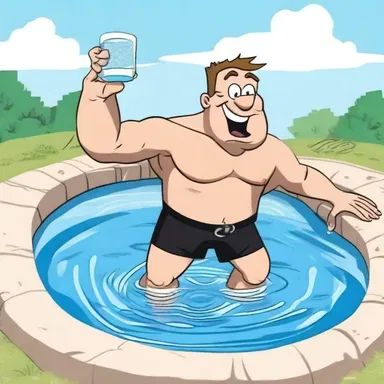 In the cartoon, the character quenched his thirst by diving into a pool of cold water.