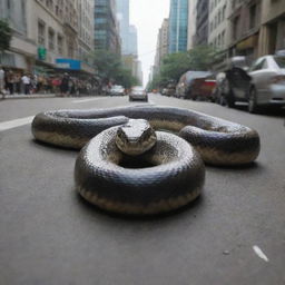 Enormous, terrifying snake slithering through a bustling city.