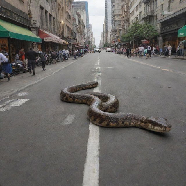 Enormous, terrifying snake slithering through a bustling city.