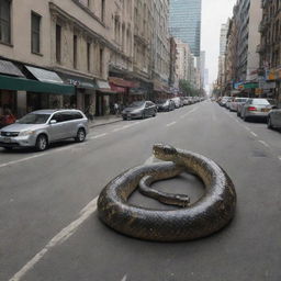 Enormous, terrifying snake slithering through a bustling city.