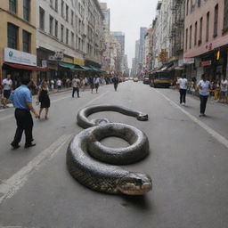 Enormous, terrifying snake slithering through a bustling city.