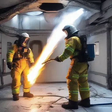 Using advanced technology, the futuristic firefighters employed energy rays to instantly quench any fire, ensuring the safety of the space station.