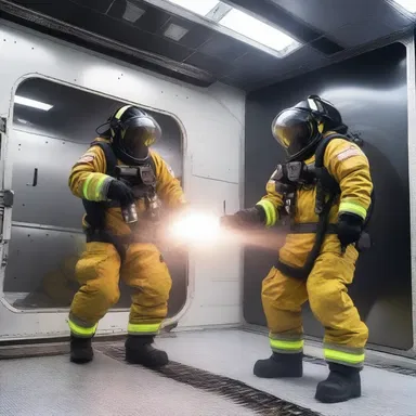 Using advanced technology, the futuristic firefighters employed energy rays to instantly quench any fire, ensuring the safety of the space station.