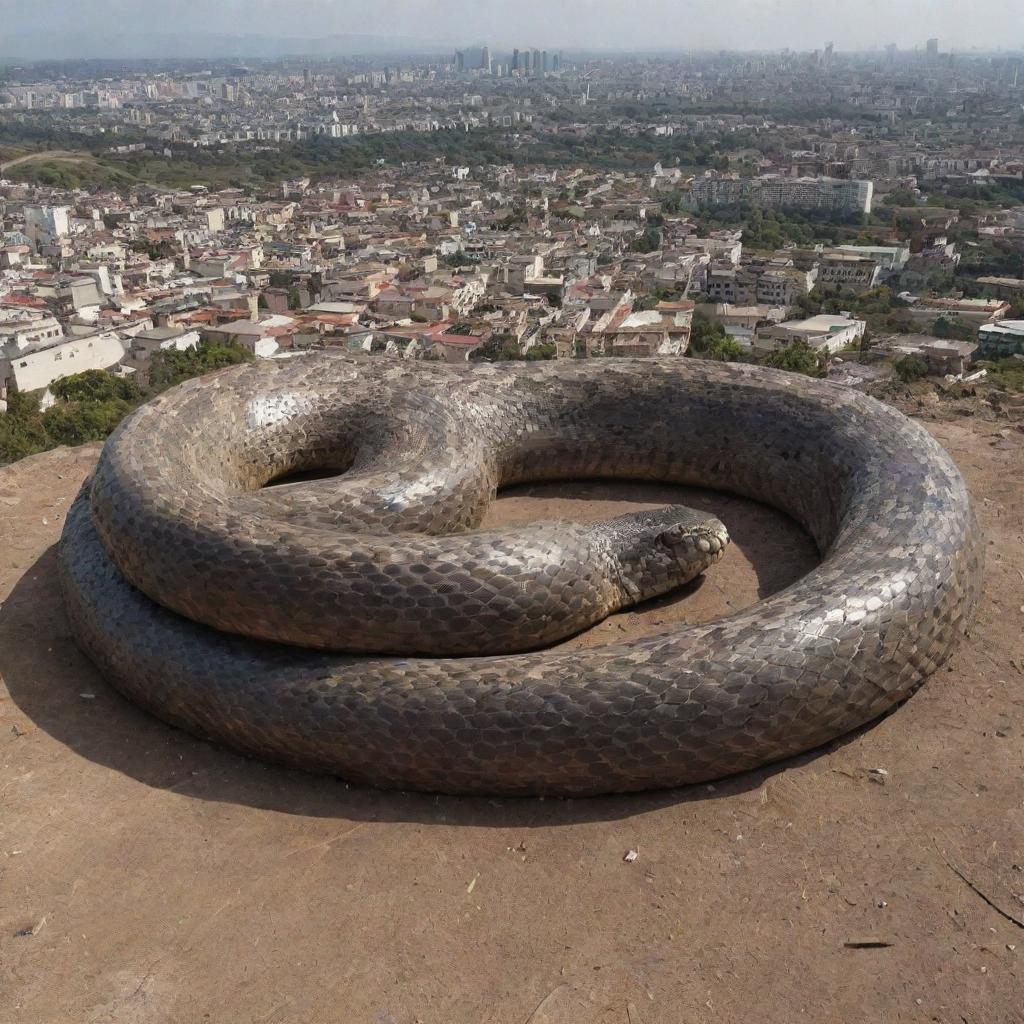 A gigantic, terrifying snake, larger than the city itself, coiled menacingly within its borders.