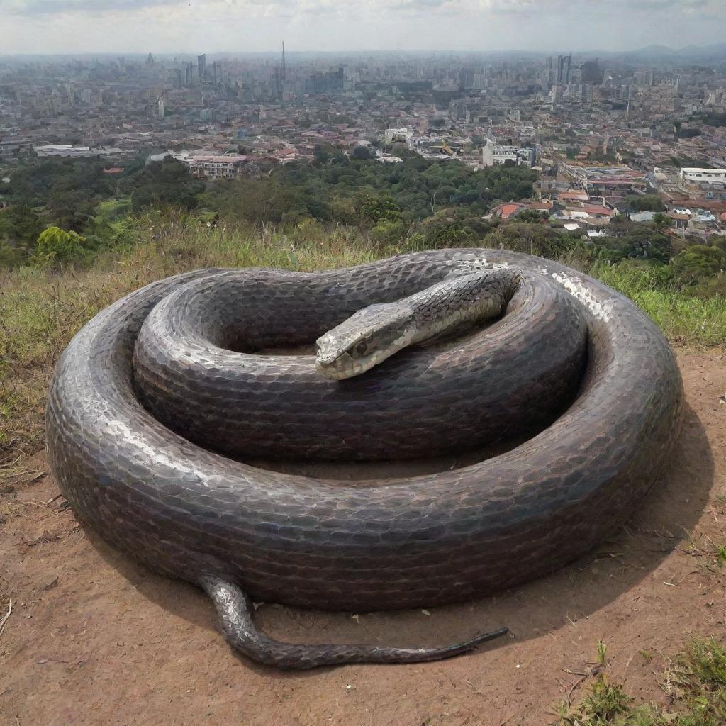 A gigantic, terrifying snake, larger than the city itself, coiled menacingly within its borders.