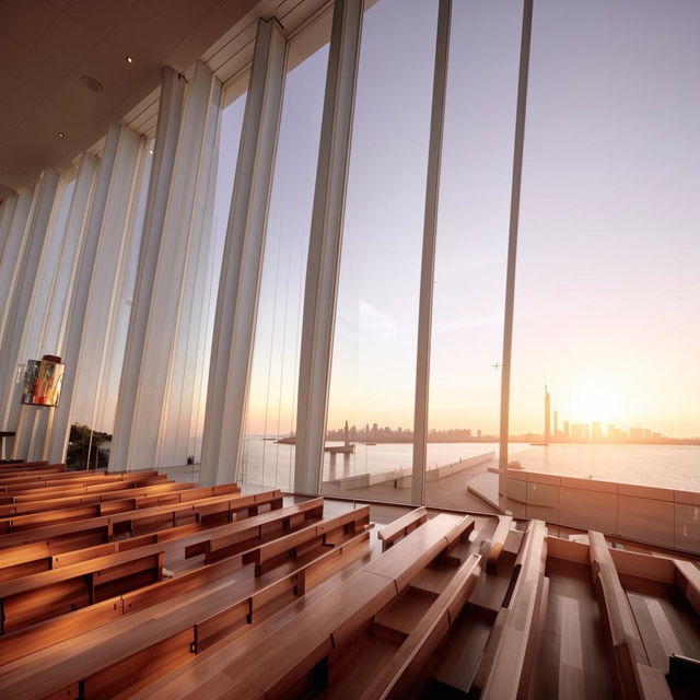 A modern architectural church in a city by the waterfront, characterized by sleek lines, minimalistic design, and large, floor-to-ceiling glass windows reflecting the sunlight.