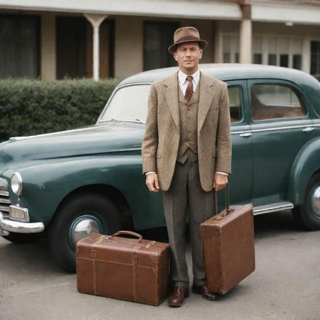 A traveling salesman with a suitcase in one hand and merchandise in the other, standing by a vintage car.