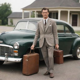 A traveling salesman with a suitcase in one hand and merchandise in the other, standing by a vintage car.