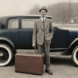 A traveling salesman with a suitcase in one hand and merchandise in the other, standing by a vintage car.