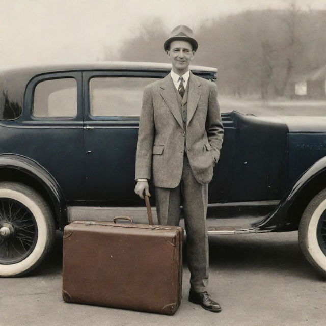 A traveling salesman with a suitcase in one hand and merchandise in the other, standing by a vintage car.