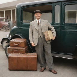 A traveling salesman with a suitcase in one hand and merchandise in the other, standing by a vintage car.