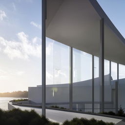 A modern architectural church in a city by the waterfront, characterized by sleek lines, minimalistic design, and large, floor-to-ceiling glass windows reflecting the sunlight.