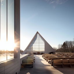 A modern architectural church in a city by the waterfront, characterized by sleek lines, minimalistic design, and large, floor-to-ceiling glass windows reflecting the sunlight.