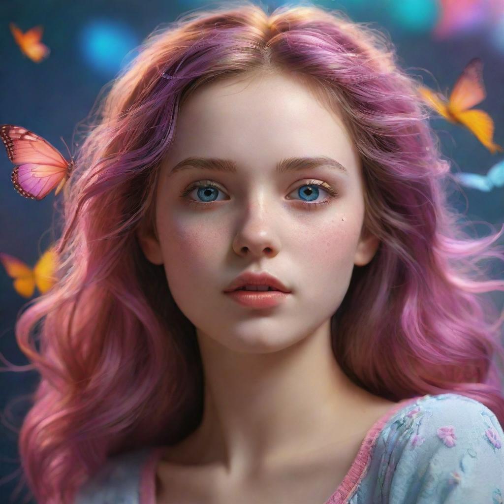 Generate a hyper-realistic digital art of a girl in a dreamworld, showcasing wonderful hues and intricate details.