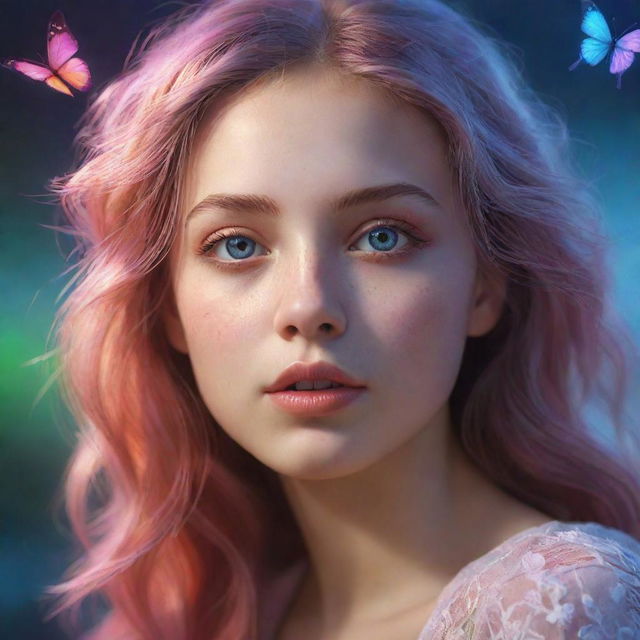 Generate a hyper-realistic digital art of a girl in a dreamworld, showcasing wonderful hues and intricate details.