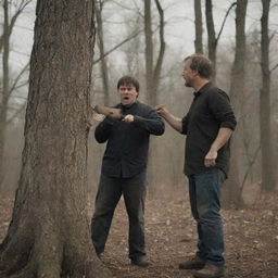 A man holding an axe, poised to cut a visibly scared tree that appears to be pleading for forgiveness. The expressions on both characters should be easily discernible and the setting rustic.