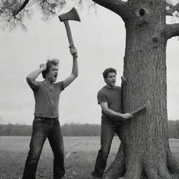 A man holding an axe, poised to cut a visibly scared tree that appears to be pleading for forgiveness. The expressions on both characters should be easily discernible and the setting rustic.