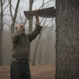 A man holding an axe, poised to cut a visibly scared tree that appears to be pleading for forgiveness. The expressions on both characters should be easily discernible and the setting rustic.