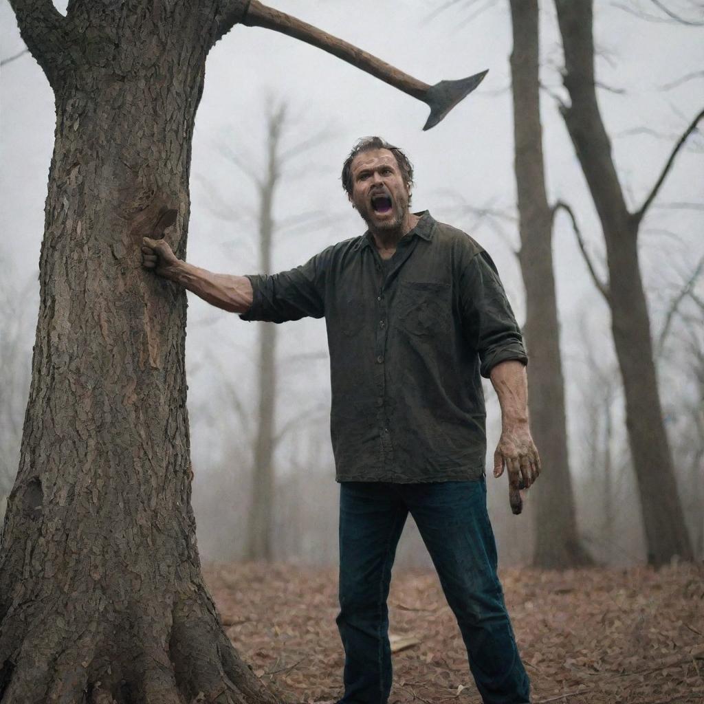 A man holding an axe, poised to cut a visibly scared tree that appears to be pleading for forgiveness. The expressions on both characters should be easily discernible and the setting rustic.