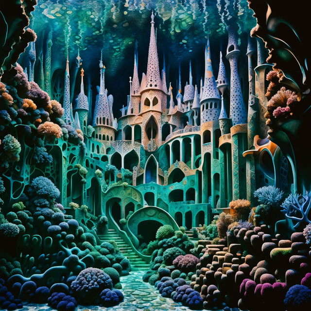 An underwater Atlantis cityscape inspired by Antoni Gaudi's architecture, featuring organic shapes, vibrant mosaic tiles, and integrated coral reefs.