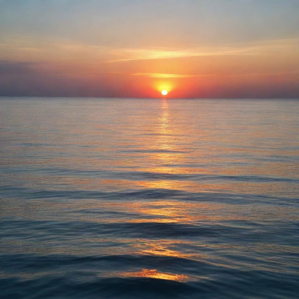 A vibrant sunrise emerging from the horizon of a calm sea, casting brilliant colors across the surface of the water.