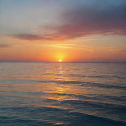 A vibrant sunrise emerging from the horizon of a calm sea, casting brilliant colors across the surface of the water.