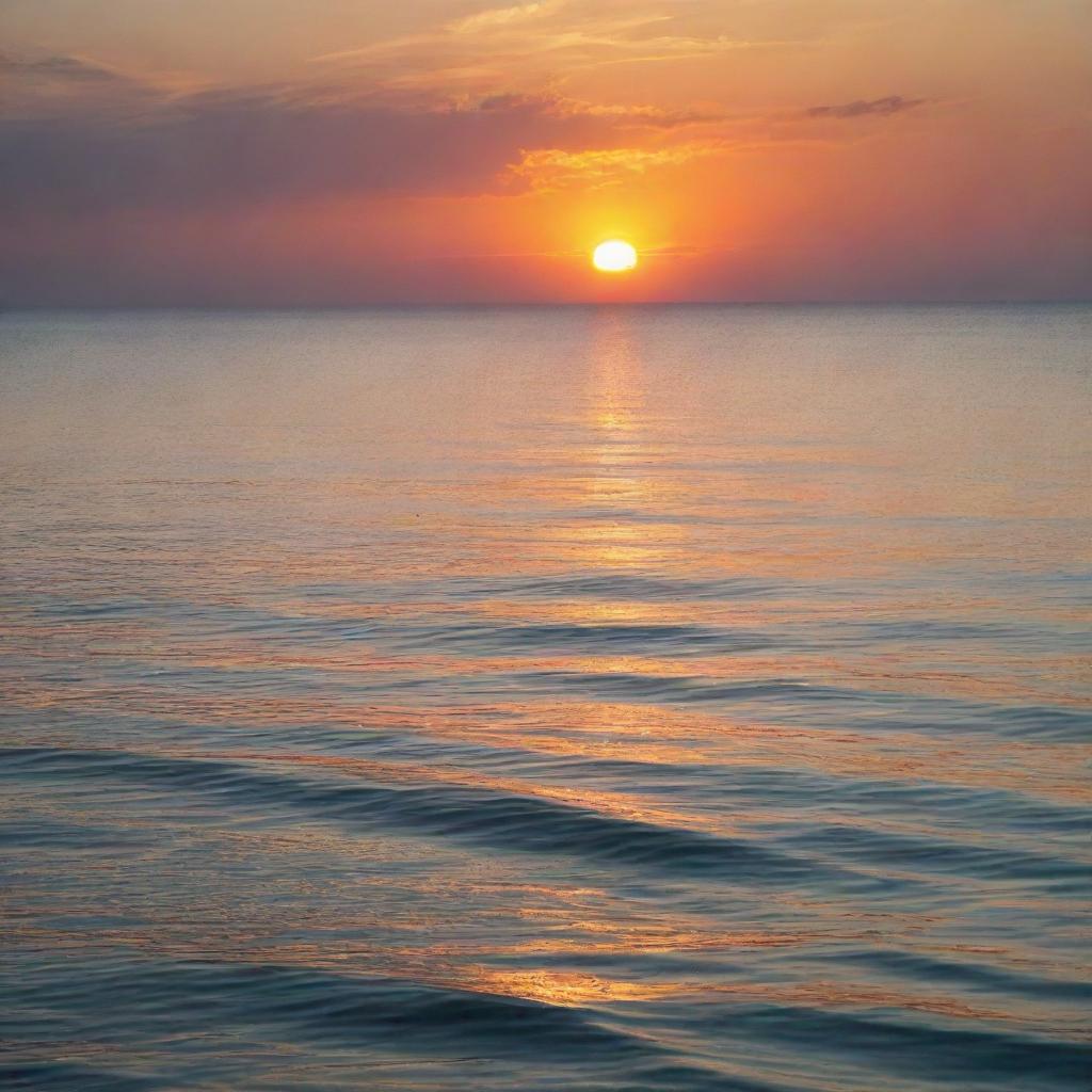 A vibrant sunrise emerging from the horizon of a calm sea, casting brilliant colors across the surface of the water.