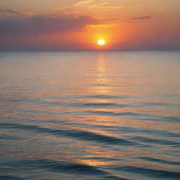 A vibrant sunrise emerging from the horizon of a calm sea, casting brilliant colors across the surface of the water.