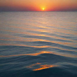 A vibrant sunrise emerging from the horizon of a calm sea, casting brilliant colors across the surface of the water.