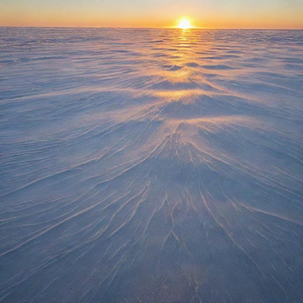 A sunrise over a frozen sea, with the sun's golden rays subtly illuminating intricate frost patterns on the icy surface.